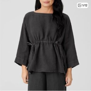 Eileen Fisher XS Handkerchief 100% Organic Linen Black Drawstring Women’s Shirt